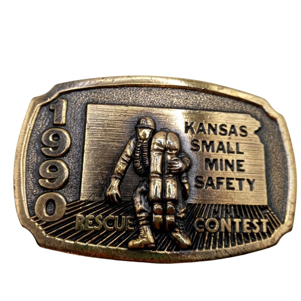 Kansas Small Mine Safety Award Belt Buckle 1990 KS Rescue Contest Miner RARE